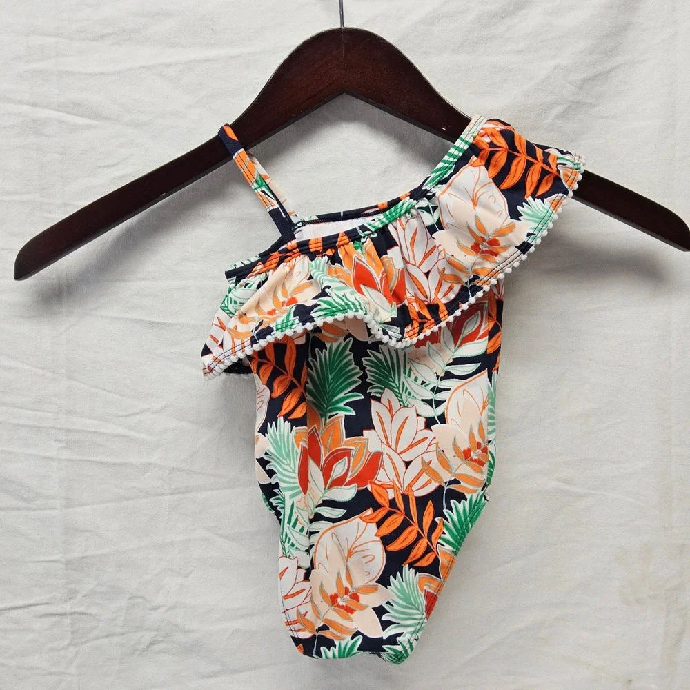 Janie and Jack One Piece Swimsuit Kids 2T Navy Orange Tropical Floral Pom Trim‎